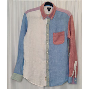 J. Crew 100% Linen Color Block Button Front Slim Fit Long Sleeve Shirt Medium